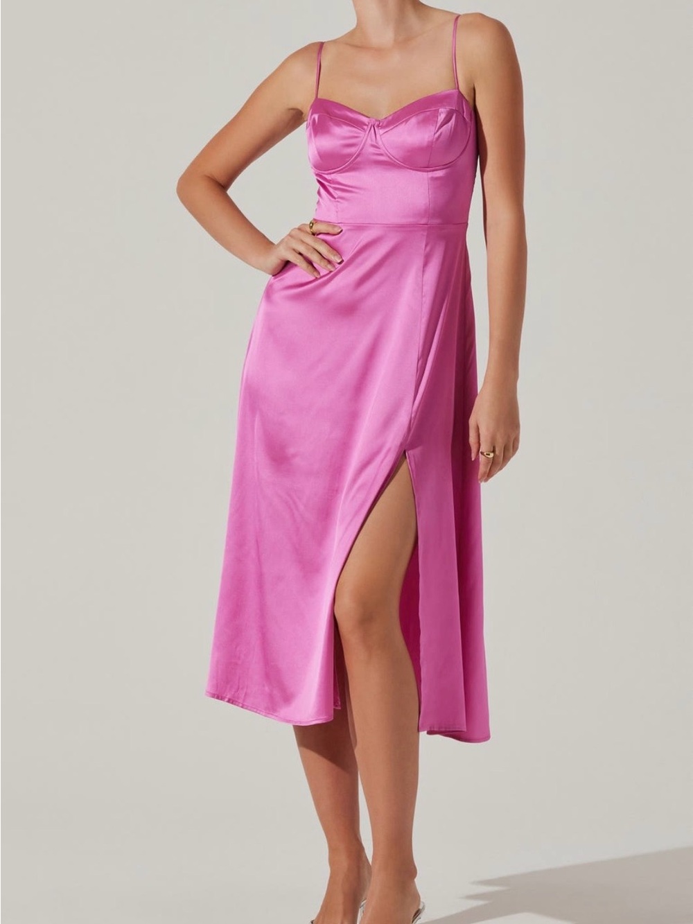 Astr Fuchsia Satin Midi Slip Dress with Spaghetti Straps